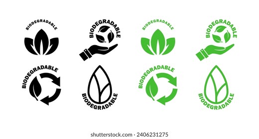 Biodegradable icons set. Ecological succession. Icons of reusable plastic bio packaging. Vector icons