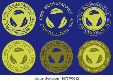 Biodegradable icons set. Set of round stamps with lettering "100% biodegradable" in green color, for different product. Vector illustration isolated on blue background