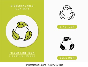 Biodegradable icons set vector illustration with solid icon line style. Recycle leaf concept. Editable stroke icon on isolated background for web design, infographic and UI mobile app.