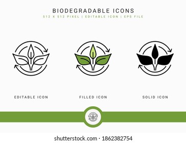 Biodegradable icons set vector illustration with solid icon line style. Bio plastic concept. Editable stroke icon on isolated background for web design, user interface, and mobile application
