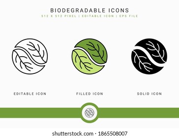 Los iconos biodegradables establecen la ilustración vectorial con el estilo de línea de icono sólido. Concepto biológico de plástico. Icono de trazo editable en fondo aislado para diseño web, interfaz de usuario y aplicación móvil