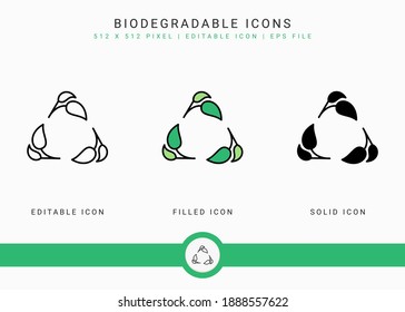 Biodegradable icons set vector illustration with solid icon line style. Recycle leaf concept. Editable stroke icon on isolated white background for web design, user interface, and mobile application