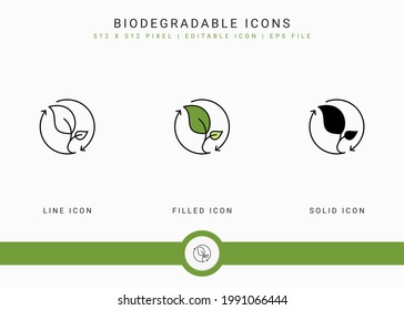 Biodegradable icons set vector illustration with solid icon line style. BPA free leaf concept. Editable stroke icon on isolated white background for web design, user interface, and mobile application