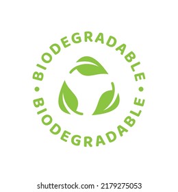 Biodegradable label in green with leaf and circle. Eco packaging recyclable symbol.