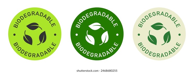 Diseño de Vector de etiqueta biodegradable para embalaje. Icono de hojas. Pegatina de color de reciclaje.