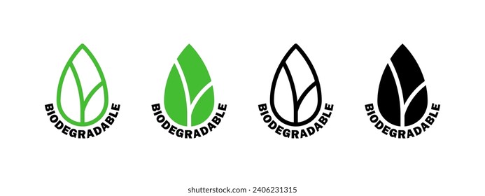 Biodegradable. Iconos de hoja. Iconos de embalaje biológico de plástico reutilizable. Iconos del vector