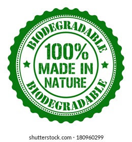 Biodegradable, made by nature rubber stamp on white, vector illustration