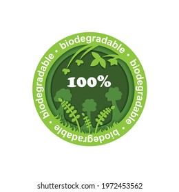 Biodegradable on 100% label, stamp, icon set.