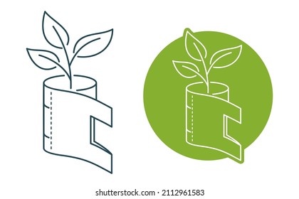 Biodegradable pack sticker - packet roll turns to plant branch. Eco-friendly compostable material production - environment protection emblem