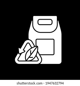 Biodegradable packaging dark mode glyph icon. Recyclable disposable materials. Ecology movement. Save environment. White silhouette symbol on black space. Vector isolated illustration