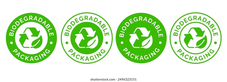 Biologisch abbaubare Verpackungs-Icons. Biologisch abbaubares Logo, Abzeichen, Symbol, Aufkleber, Etikett, Emblem, Stempel, Symbol, schwarz, Linienkreis, flacher Vektor, einzelne Illustration.