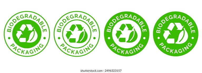 Biodegradable packaging icons. Biodegradable logo, badge, icon, sticker, label, emblem, stamp, symbol, black, line circle, flat vector, isolated illustration.