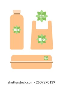 Biodegradable packaging set. Eco-friendly. Box, bottle, packaging, container for delivery, takeaway food, isolated on white background