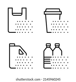 Biodegradable plastic, bag, cup, gallon and bottle icons set. Outline style. Vector. Isolate on white background.