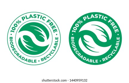 Biodegradable, Plastic Free Recyclable Vector Icon. 100 Percent Bio Recycling Package Green Stamp Logo