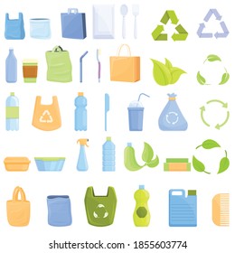 Biodegradable plastic icons set. Cartoon set of biodegradable plastic vector icons for web design