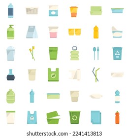 Biodegradable plastic icons set flat vector. Trash bag. Basket bin isolated