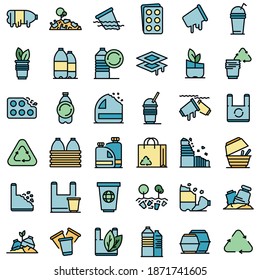 Biodegradable plastic icons set. Outline set of biodegradable plastic vector icons thin line color flat on white