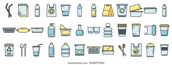 Biodegradable plastic icons set outline vector. Trash bag. Basket bin thin line color flat isolated