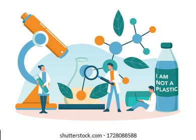 Biodegradable plastic invention and development. Scientist make recyclable and nature friendly packaging. Bio plastic and zero waste ecology concept. Isolated vector illustration