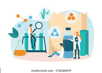 Biodegradable plastic invention and development. Scientist make recyclable and nature friendly packaging. Bio plastic and zero waste ecology concept. Isolated vector illustration