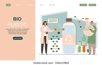 Biodegradable plastic invention and development. Scientists making recyclable nature friendly packaging. Bio plastic and zero waste ecology concept. Flat cartoon vector illustration. Website template