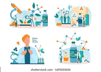Biodegradable plastic invention and development set. Scientist make recyclable and nature friendly packaging. Bio plastic and zero waste ecology concept. Isolated vector illustration