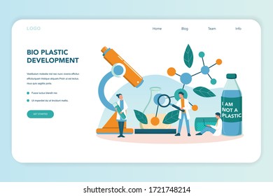 Biodegradable plastic invention and development web banner or landing page. Scientist make recyclable and nature friendly packaging. Bio plastic and zero waste ecology concept. Vector illustration