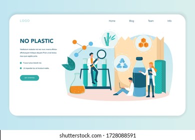 Biodegradable plastic invention and development web banner or landing page. Scientist make recyclable and nature friendly packaging. Bio plastic and zero waste ecology concept. Vector illustration