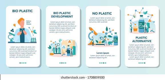 Biodegradable plastic invention and developmentmobile application banner set. Scientist make recyclable and nature friendly packaging. Bio plastic and zero waste ecology concept. Vector illustration