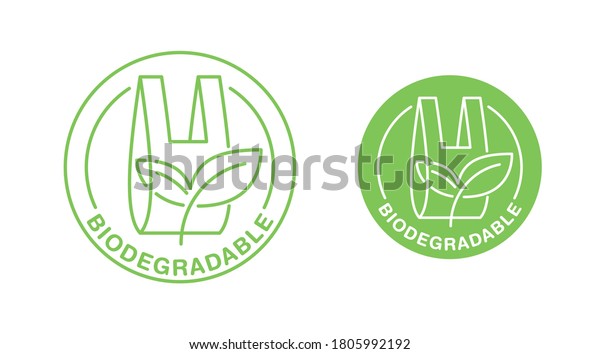 Biodegradable plastic\
packet sign - eco friendly compostable material production -\
environment protection\
emblem
