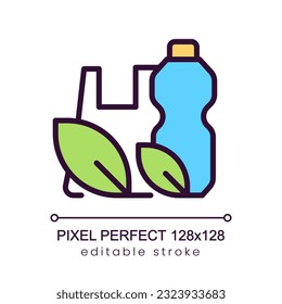 Biodegradable plastic pixel perfect RGB color icon. Materials safe for nature. Eco friendly products. Isolated vector illustration. Simple filled line drawing. Editable stroke. Poppins font used