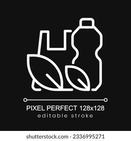 Biodegradable plastic pixel perfect white linear icon for dark theme. Isolated vector illustration. Thin line illustration. Isolated symbol for night mode. Editable stroke. Poppins font used