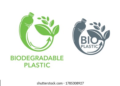 Biodegradable plastic sign - bottle turns to plant - eco friendly compostable material production (environment protection emblem)