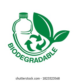 Biodegradable plastic sign - bottle turns to plant with recyclable symbol - eco friendly compostable material production (environment protection emblem)
