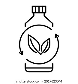Biodegradable plastic, sign. Icon of plastic bottle with green leaves. Turns to plant concept. Eco friendly compostable material production. Zero waste, nature protection concept. Vector