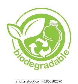 Biodegradable plastic stamp - bottle turns to plant with recyclable symbol - eco friendly logo for compostable material production (environment protection emblem)