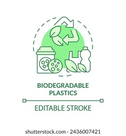Biodegradable plastics green concept icon. Biopolymers recycling, pollution reduce. Environment preservation. Round shape line illustration. Abstract idea. Graphic design. Easy to use in