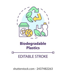 Icono de concepto multicolor de plásticos biodegradables. Biopolímeros reciclados, reducción de la contaminación. Preservación medioambiental. Ilustración de línea de forma redonda. Idea abstracta. Diseño gráfico. Fácil de usar en