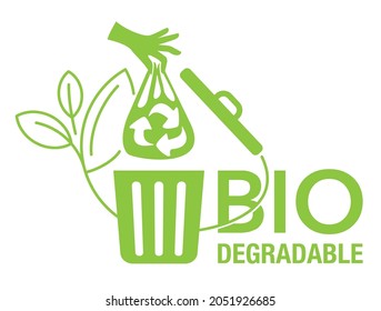 Biodegradable polymers emblem - packet thrown in the trash turns to plant branch - eco friendly compostable material production