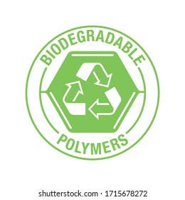 Biodegradable polymers stamp - green emblem with plastic polymer molecule and recycling symbol - eco-friendly plastic products marking