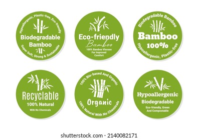 Ilustración vectorial del conjunto de pegatinas de círculo de bambú real biodegradable. Colección ecológica ecológica hipoalergénica producto vegetal natural aislado. Etiqueta de etiqueta de la publicidad redondeada para la atención de la salud