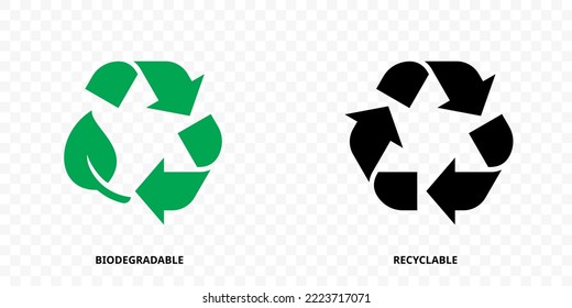 Biodegradable recyclable icons, leaf and arrow vector eco label. Organic recyclable, plastic free and eco friendly or bio degradable package stamp