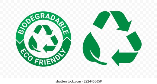 Biodegradable recyclable icons, organic bio package vector leaf and arrow label. Plastic free, biodegradable eco safe, recyclable and bio degradable package stamps svg