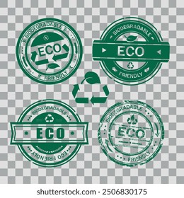 Biodegradable recyclable icons, organic bio package vector leaf and arrow label. Plastic free, eco safe recyclable