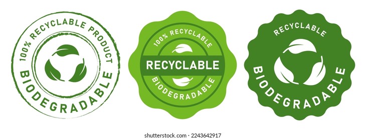 Biodegradable recyclable label sticker green flat stamp icon seal logo vector 