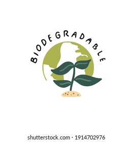 Biodegradable recyclable package sign. Vector icon of earth globe and green leaf. Eco friendly hand drawn stamp.