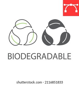 Biodegradable recyclable plastic line and glyph icon, eco and recycle, leaf recycling vector icon, vector graphics, editable stroke outline sign, eps 10. svg
