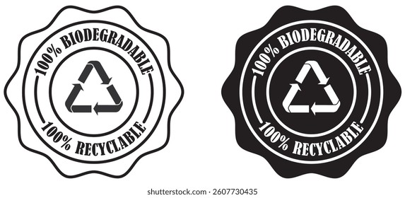 Biodegradable and recyclable product badge collection set on white background. Environmental friendly biodegradable recycling seal. Eco safe certification vector design. Vector illustration 