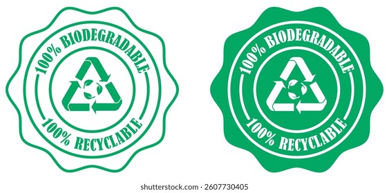 Biodegradable and recyclable product packaging badge set. Eco certified recyclable product badge. Nature friendly biodegradable packaging sticker. Recycling green emblem. Vector illustration